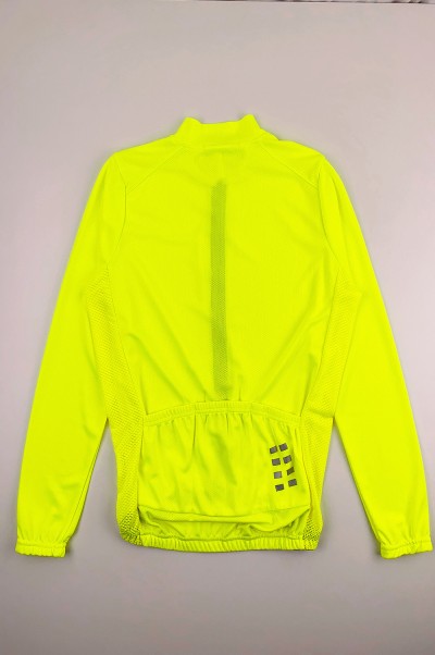Manufacture Long Sleeve Stretch Breathable Fluorescent Yellow Cycling Shirt Design Moisture Wicking Reflective Design Hem Non-Slip Cycling Shirt Supplier SKCSCP022 front view